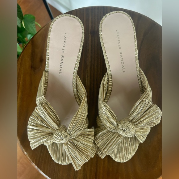 Loeffler Randall Emilia Slide Gold Bow Low Round Heel Crinkle Sandals Size 7.5 - Picture 11 of 12
